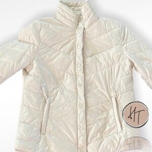Gap Women Light Quilted Puffer Jacket Snap Front Stand Collar Size S Silver Swan